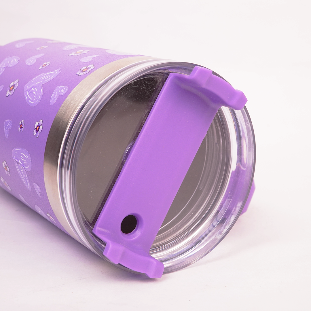 Purple Floral Tumbler with Handle & Straw – Cute Reusable Travel Cup for Everyday Drinks