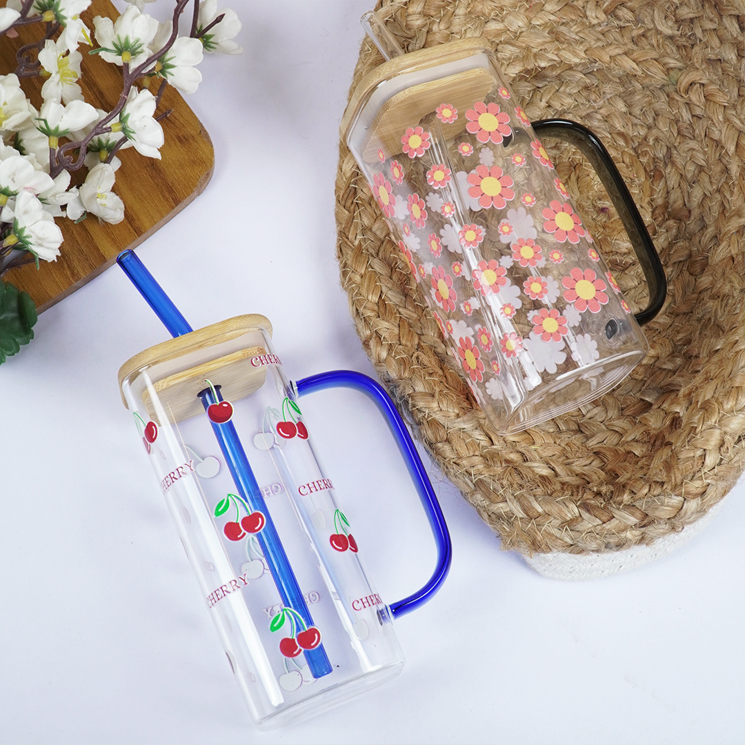 Set-2 Cherry & Floral Glass Cup with Bamboo Lid & Straw