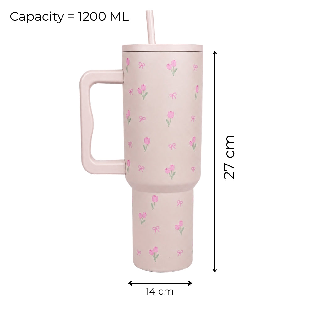 Pink Tulip Bow Tumbler with Straw & Hand