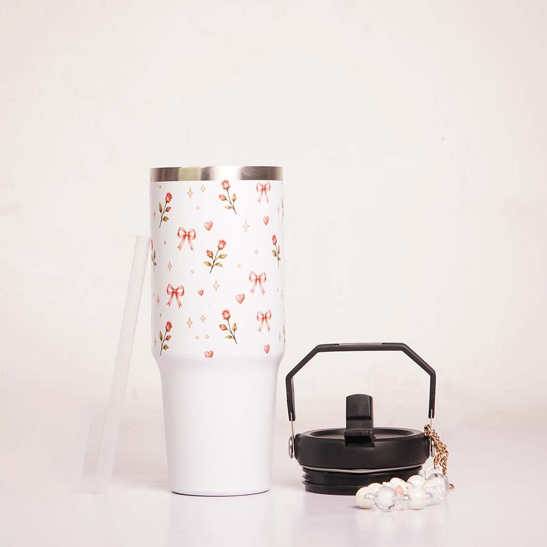 Floral Rose Print Tumbler with Handle & Straw | Reusable Travel Cup | Stylish Drinkware