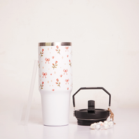 Floral Rose Print Tumbler with Handle & Straw | Reusable Travel Cup | Stylish Drinkware