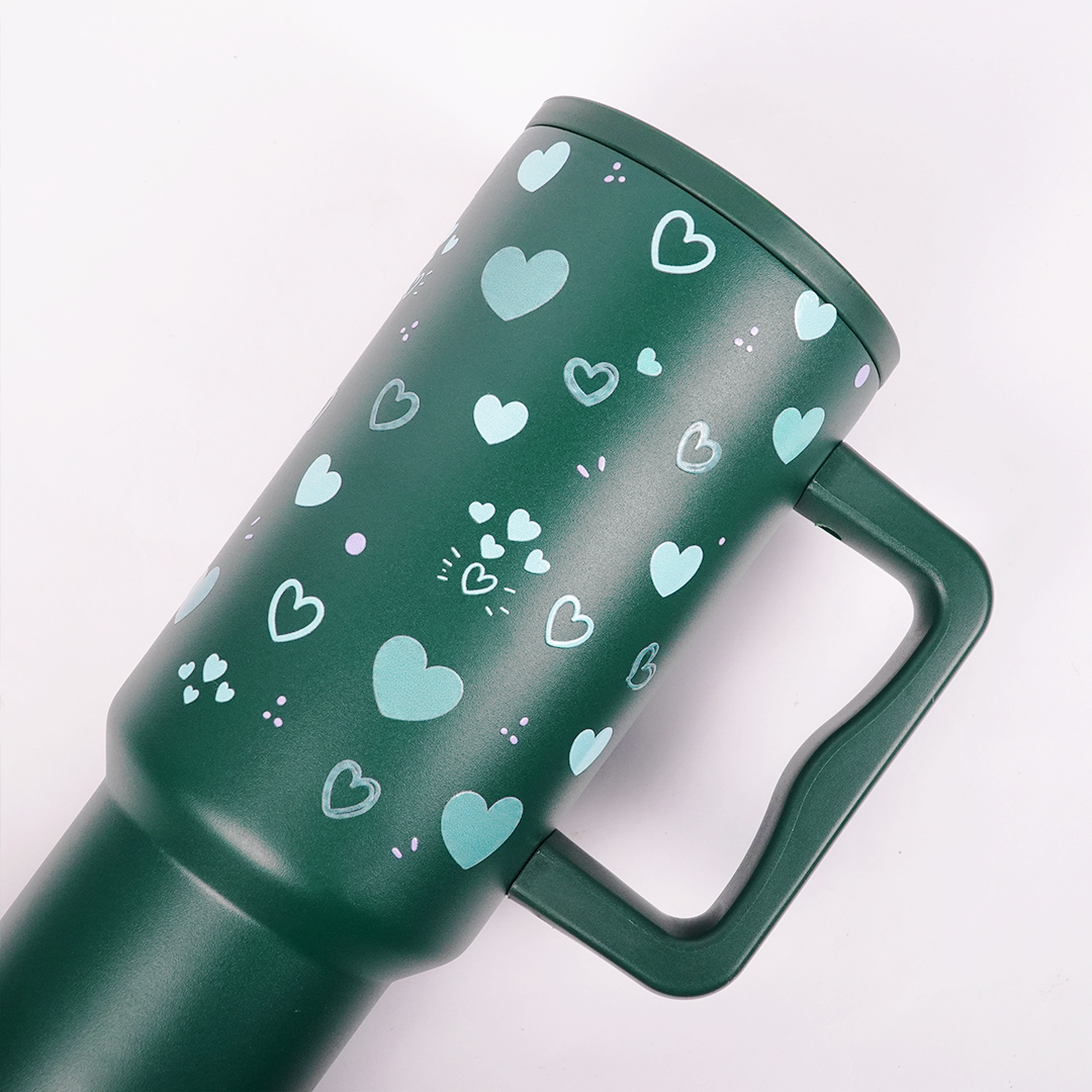 Green Heart Print Tumbler with Straw & Handle