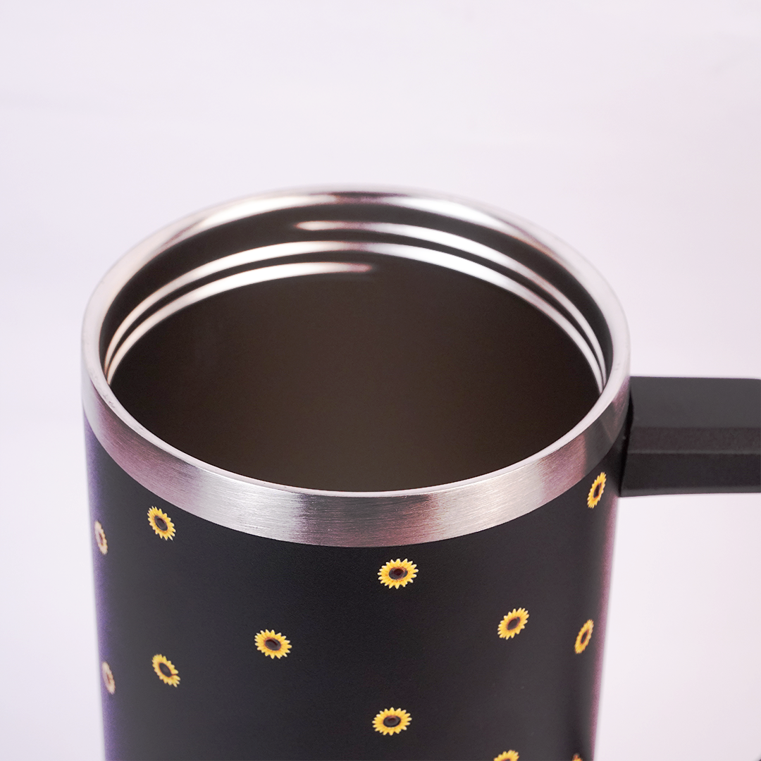 Black Sunflower Tumbler with Handle & Straw – Cute Floral Reusable Travel Cup for Women & Girls