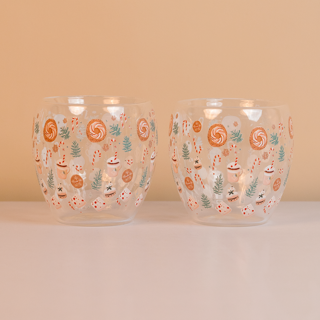 Set-2 Candy Cane & Christmas Treats  -Double Wall Glass Mug