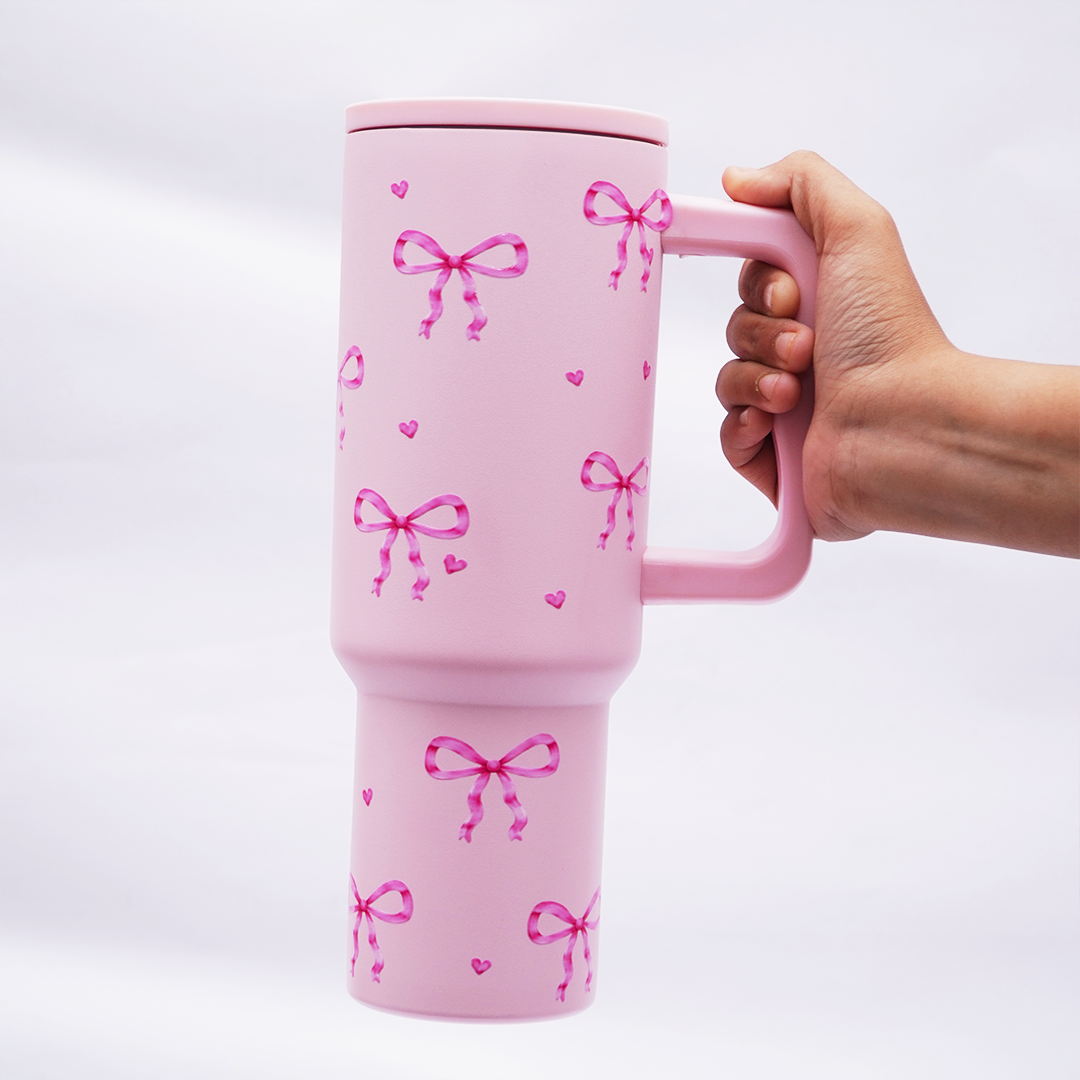 Pink Bow Stainless Steel Travel Tumbler with Handle & Leakproof Lid | Double Wall Vacuum Insulated Coffee Mug