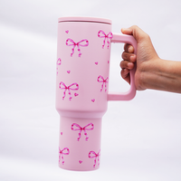 Pink Bow Stainless Steel Travel Tumbler with Handle & Leakproof Lid | Double Wall Vacuum Insulated Coffee Mug