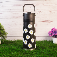 Daisy Print Black Stainless Steel Water Bottle