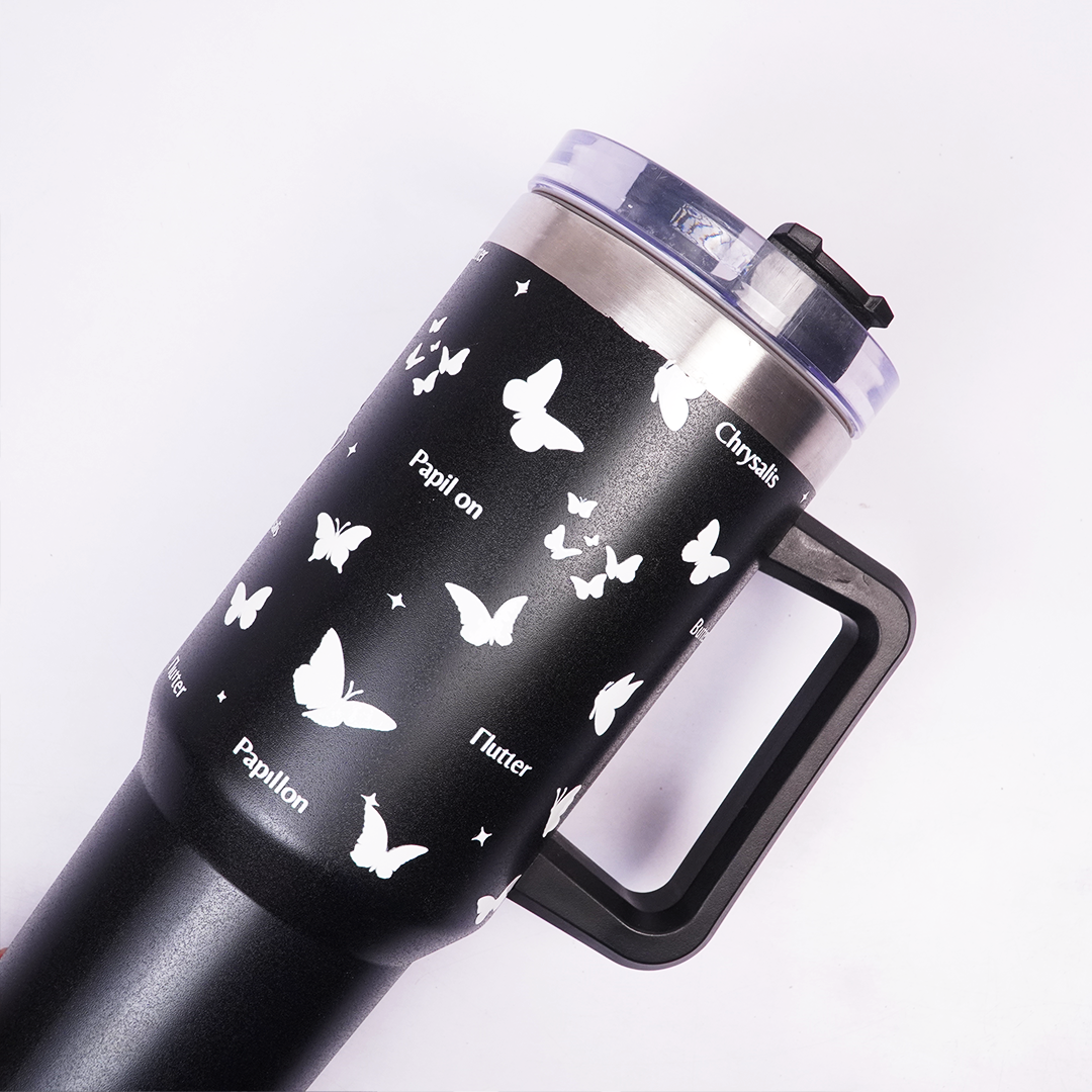 Black Butterfly Print Tumbler with Straw & Handle – Insulated Travel Coffee Cup