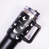 Black Butterfly Print Tumbler with Straw & Handle – Insulated Travel Coffee Cup