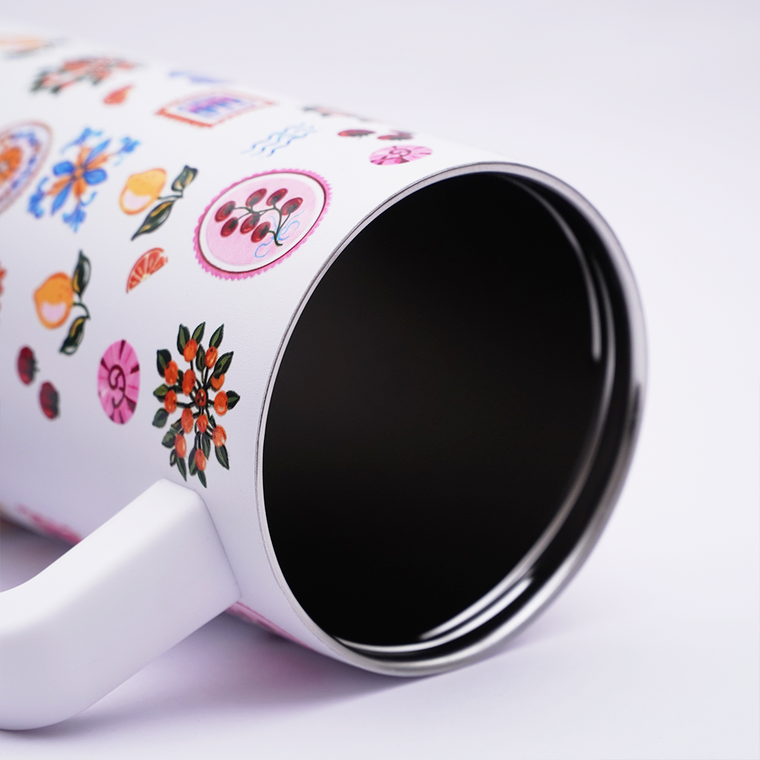 Mediterranean Print Stainless Steel Travel Tumbler with Handle & Leakproof Lid | Double Wall Vacuum Insulated Coffee Mug