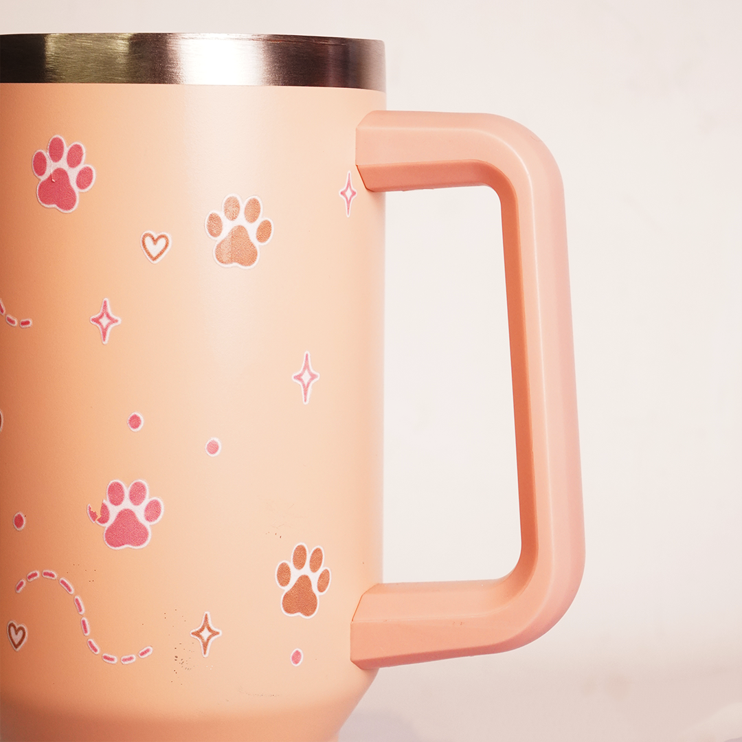 Floral Paw Print Tumbler with Handle & Straw | Reusable Travel Water Cup | Stylish Drinkware
