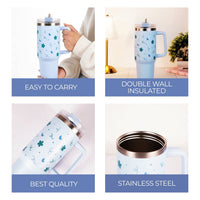 Blue Floral & Heart Print Tumbler – Insulated Travel Tumbler with Handle & Straw