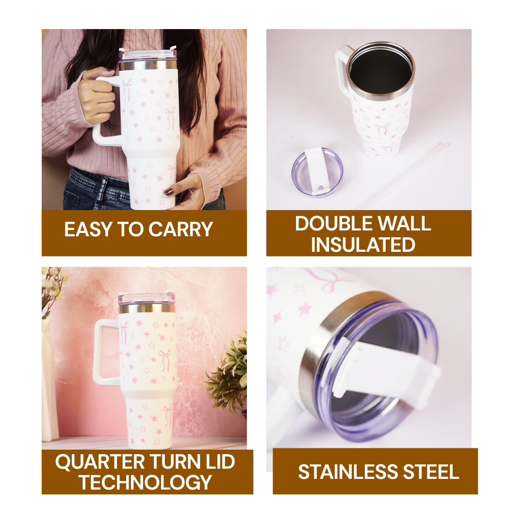 Cute Star Print Stainless Steel Tumbler with Handle | Double Wall Insulated Travel Mug with Straw