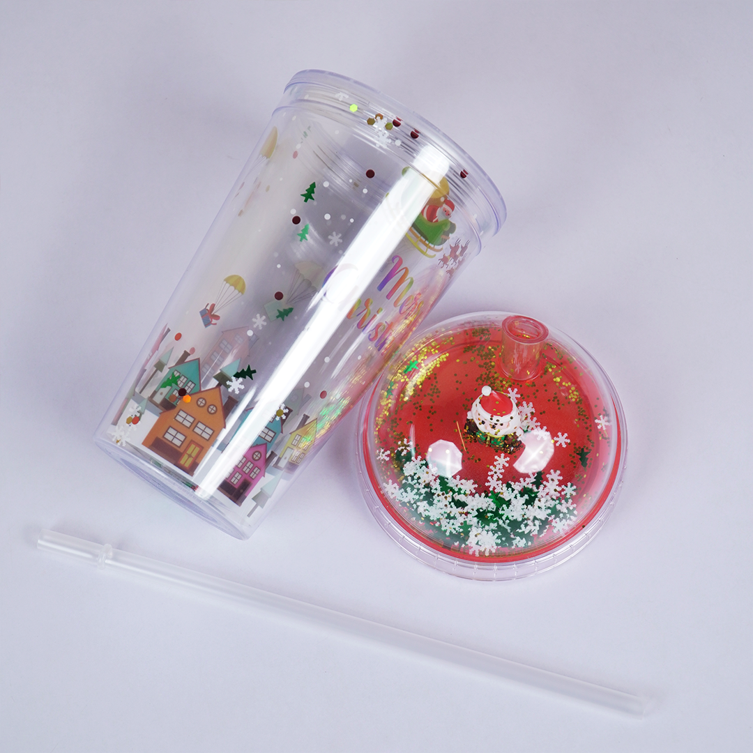 Merry Christmas Transparent Sipper with Dome Lid & Straw (Random Design Only Pack of 1)