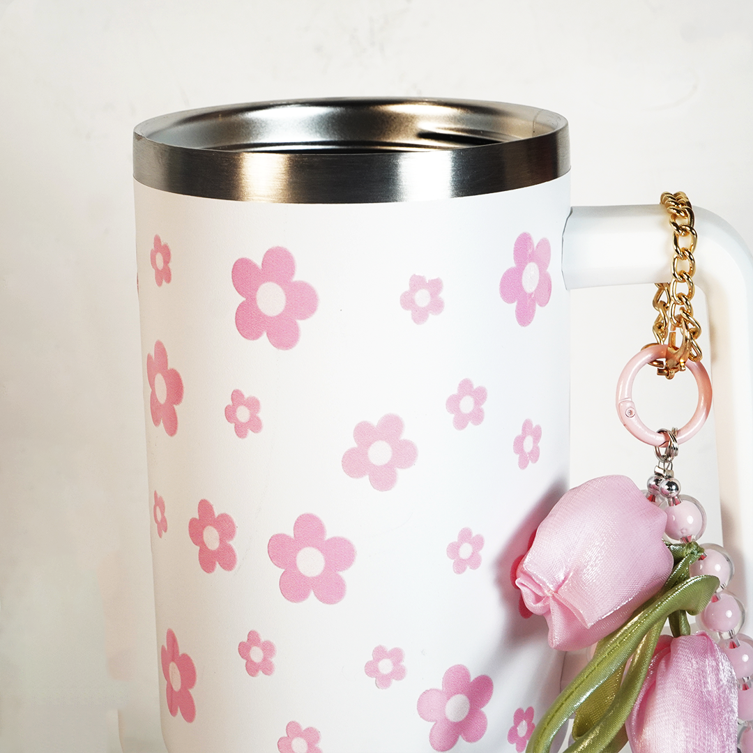 Pink Daisy Stainless Steel Tumbler with Charm | 1.2L Insulated Travel Mug