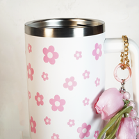 Pink Daisy Stainless Steel Tumbler with Charm | 1.2L Insulated Travel Mug