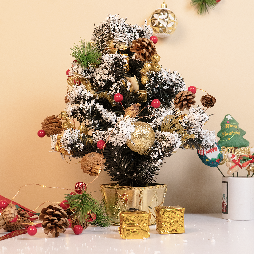 Snow-Frosted Mini Christmas Tree with Golden Decorations ( Random colors)