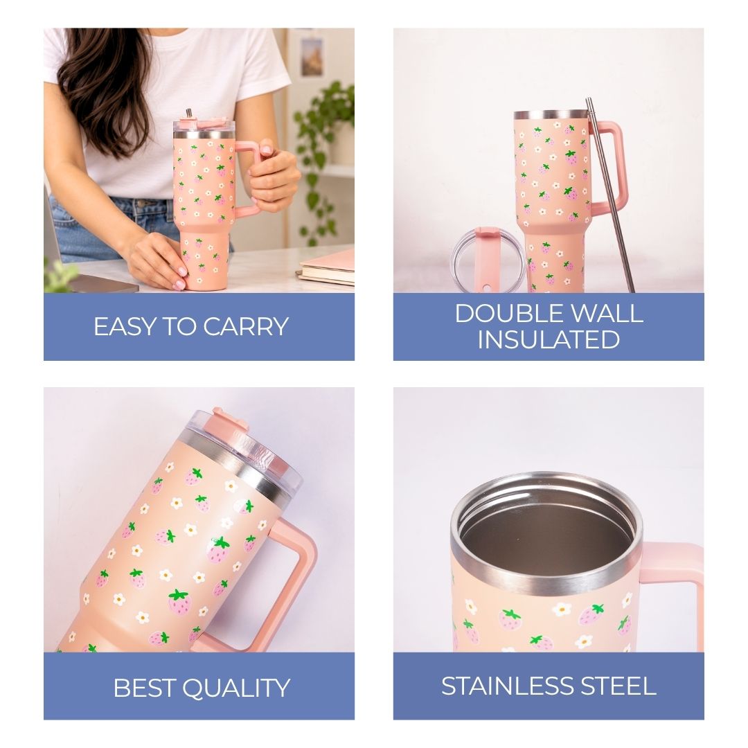 Peach Strawberry Tumbler with Straw & Handle – Cute Pink Fruit Print Travel Tumbler