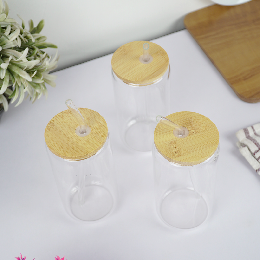 Clear Glass Tumbler with Bamboo Lid & Reusable Glass Straw