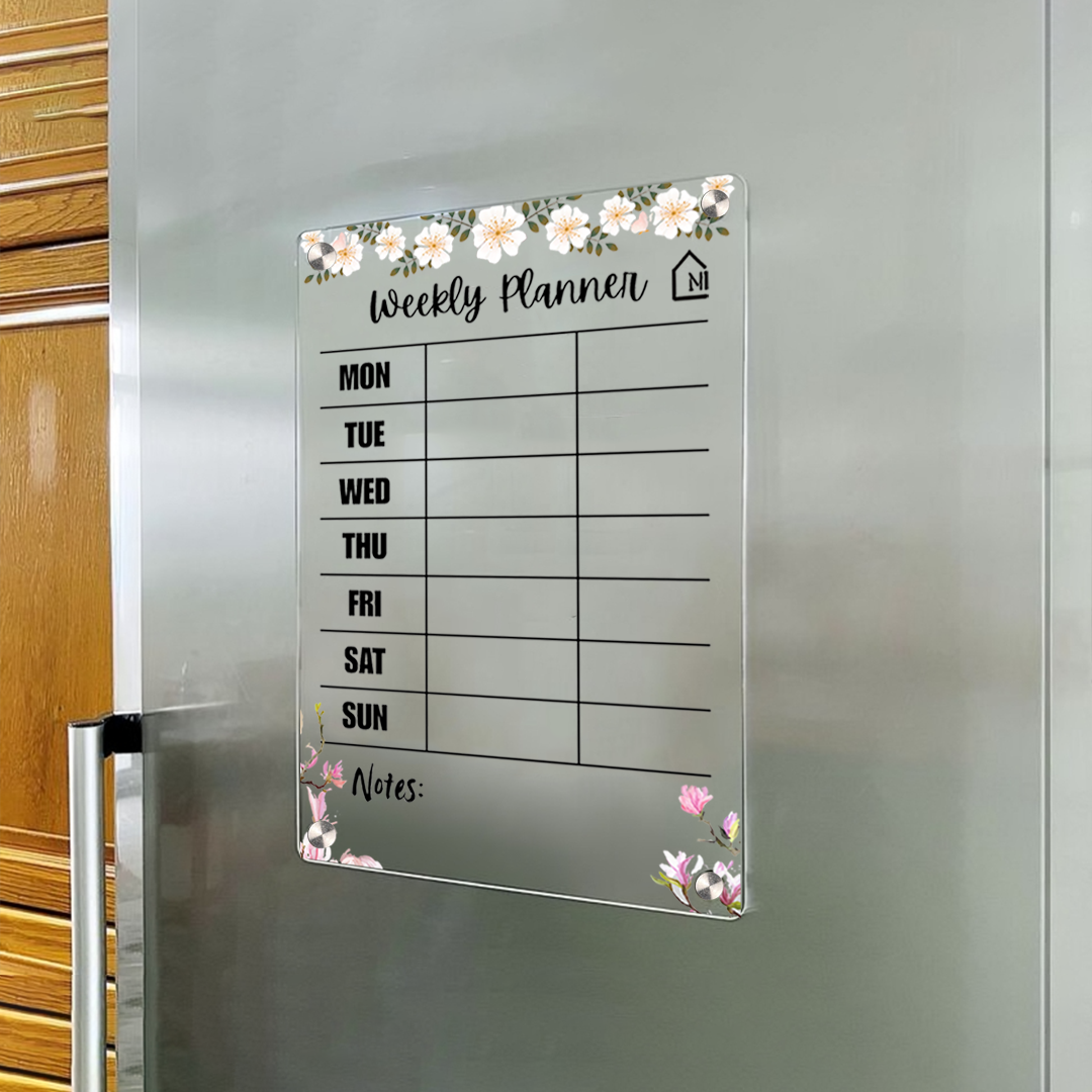 Floral Black Acrylic Weekly Planner | Magnetic Reusable Fridge Board with Notes Section | Pen and Rag
