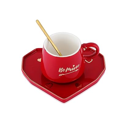 Be Mine Printed Ceramic Coffee Mug with Heart Shape Saucer & Spoon, Gift for Girls, Boys, Women, Man, Couple and others.