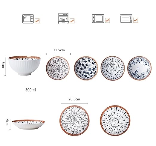Blue Blossom Ceramic Dinner Set – 4 Bowls & 2 Plates | Hand-Painted Floral Design