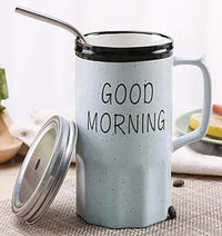 Good Morning Printed Ceramic Mug with Stainless Steel Straw for Cold Coffee and Ice Tea, 350 ml (Blue)