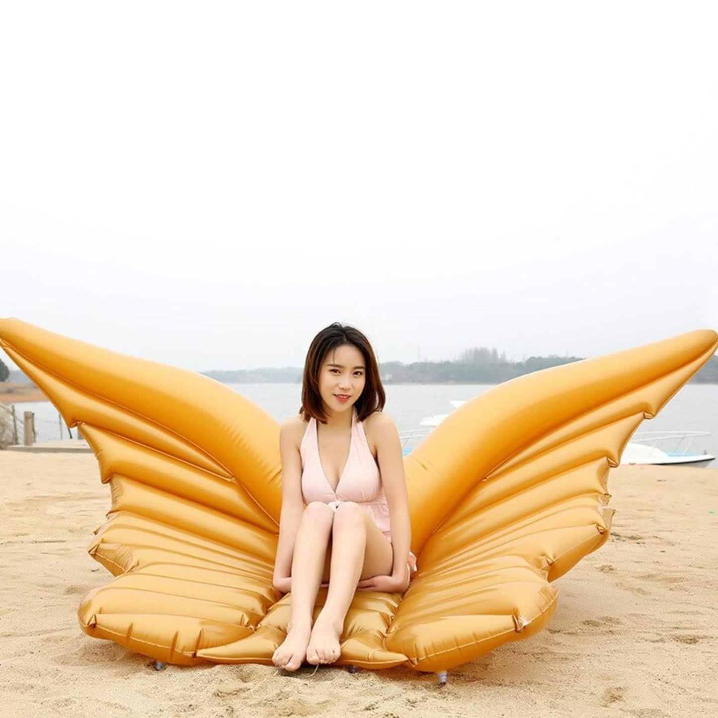 Butterfly Wings Float Mat,Inflatable Floating Row PVC Water Bed Pool Beach Toys Swimming Floating Row (Gold)