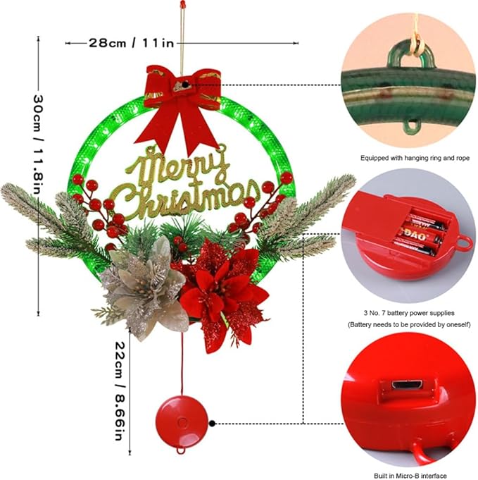 LED Christmas Wreath with Flowers & Red Bow – 30cm Festive “Merry Christmas” Hanging Decoration