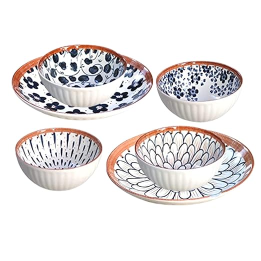 Blue Blossom Ceramic Dinner Set – 4 Bowls & 2 Plates | Hand-Painted Floral Design