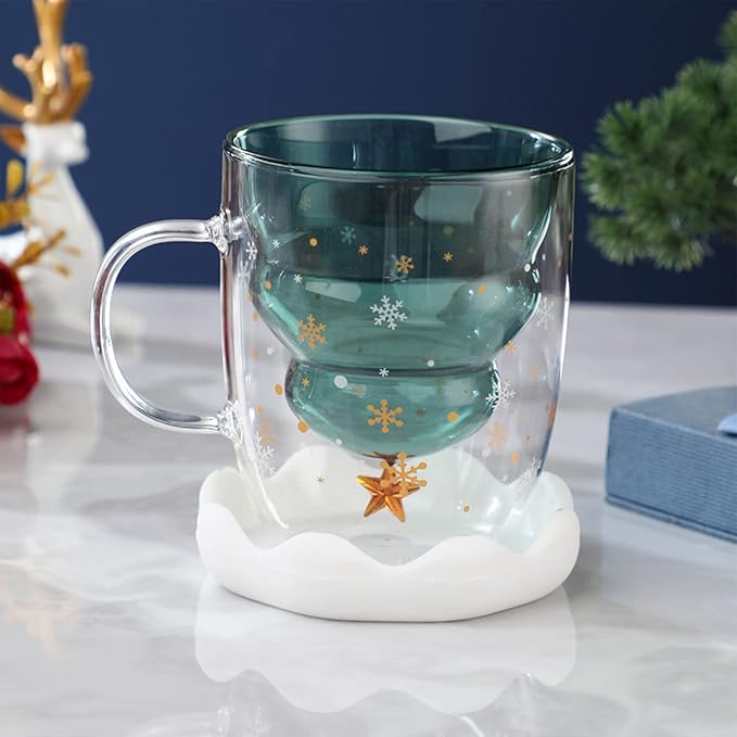 Christmas Tree Shaped Double Wall Glass Mug