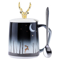 Deer Cute Coffee Mugs Funny Ceramic Tea Cups with Golden Deer Lid and Stainless Spoon Gifts for Animal Lovers, Girls, Nature Lovers.