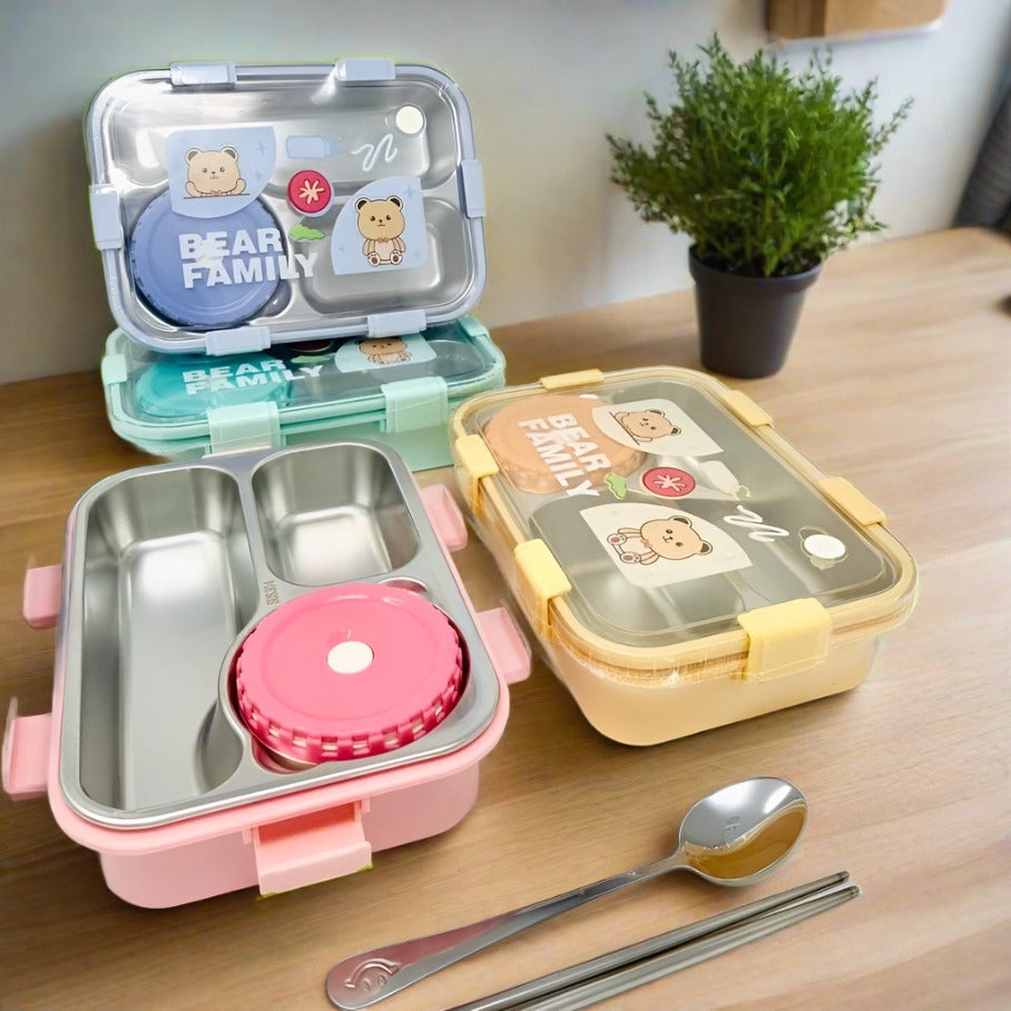 Personalized Stainless Steel Bear Family Bento Lunch Box (3 Grid) With Bowl for Kids