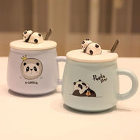 Cute Panda Mug with Hand Painted Lid and Steel Spoon