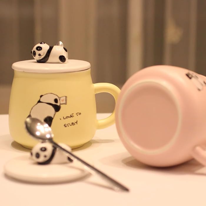 Cute Panda Mug with Hand Painted Lid and Steel Spoon