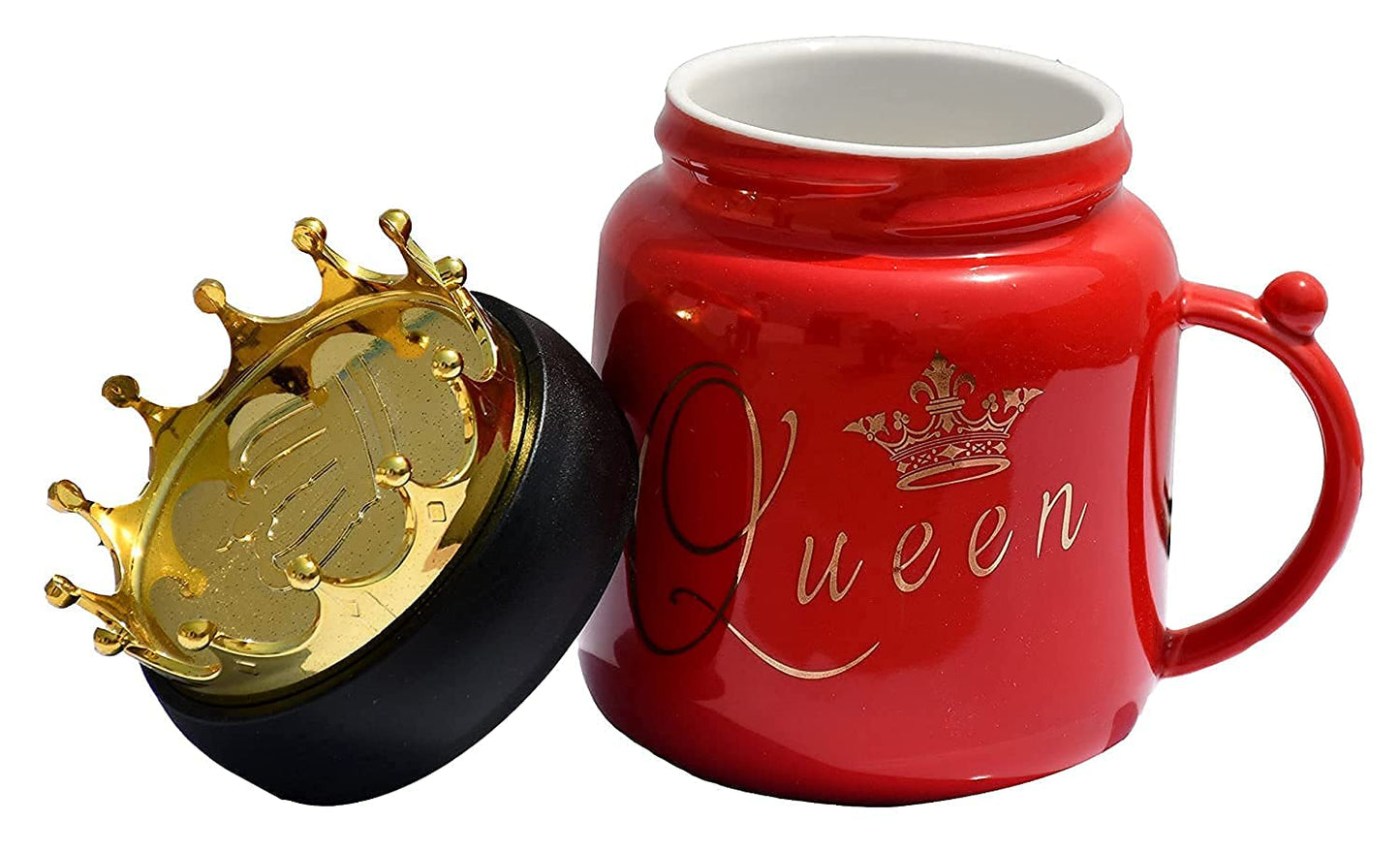 King & Queen Crown Lid Couples Coffee Mug With Phone Holder Ceramic Material Coffee Tea Mug Black & Red (400 ml) Gifts for Couples, Birthday Gifts For Your partner.