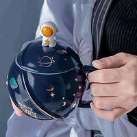 Astronaut Ceramic Coffee Mug with Lid and Spoon, Tea Cup, as a Gift, Porcelain Cup for Coffee, Tea, Milk, Water, 450 ml