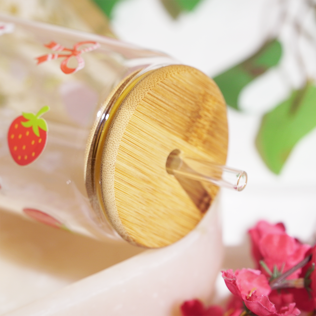 Personalized Strawberry Glass Tumbler with Bamboo Lid & Straw