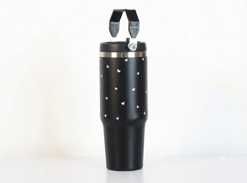 Aesthetic Heart Print Stainless Steel Tumbler with Floral Charm
