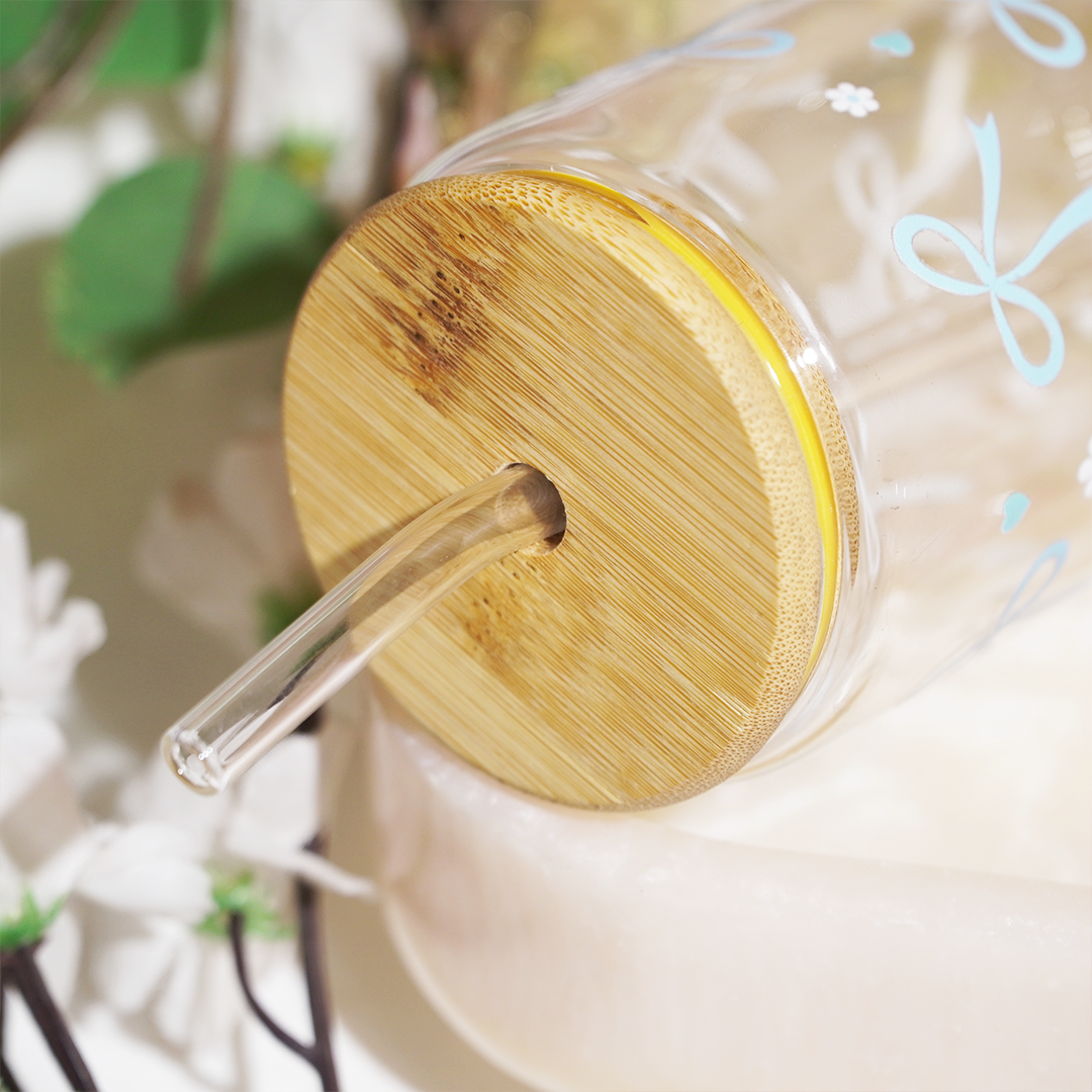 Cute Bow Print Glass Tumbler with Bamboo Lid & Straw
