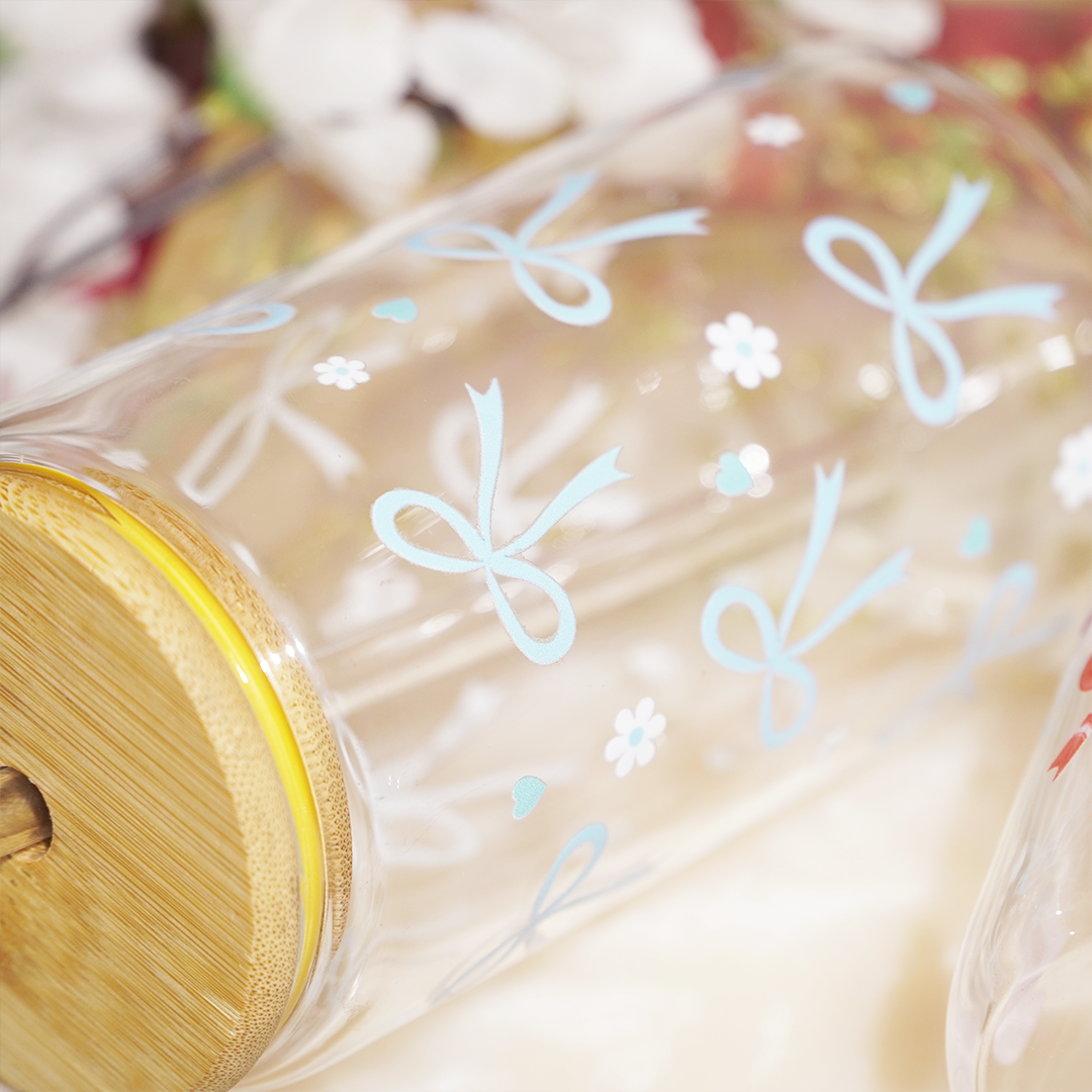 Cute Bow Print Glass Tumbler with Bamboo Lid & Straw