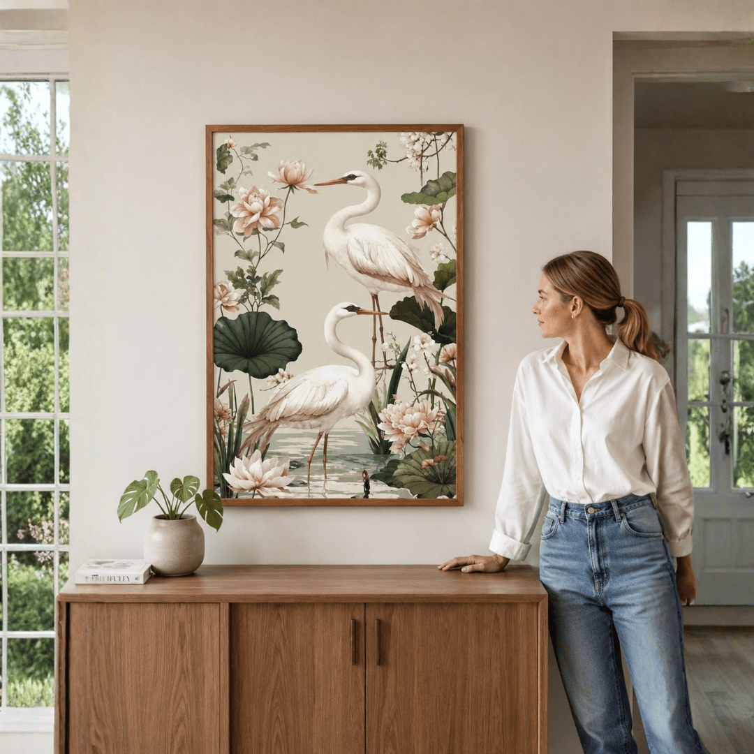 Elegant Heron Garden Canvas Wall Art — Floral Serenity Painting - Memories InsiteELEGNT HERON CANVAS - STRECHED
