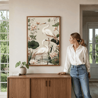 Elegant Heron Garden Canvas Wall Art — Floral Serenity Painting - Memories InsiteELEGNT HERON CANVAS - STRECHED
