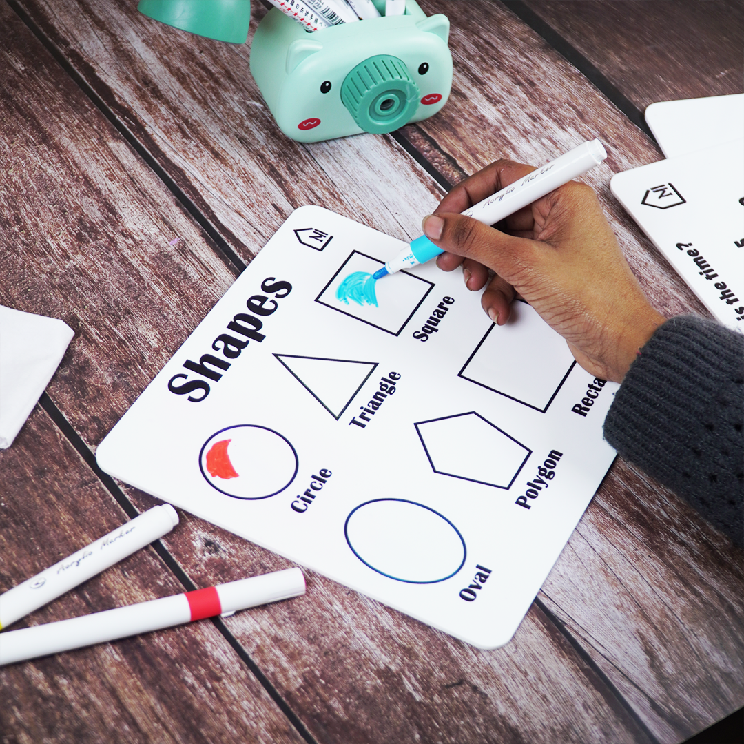 Reusable Shapes Learning Board for Kids with Pen Box & Cleaning Cloth