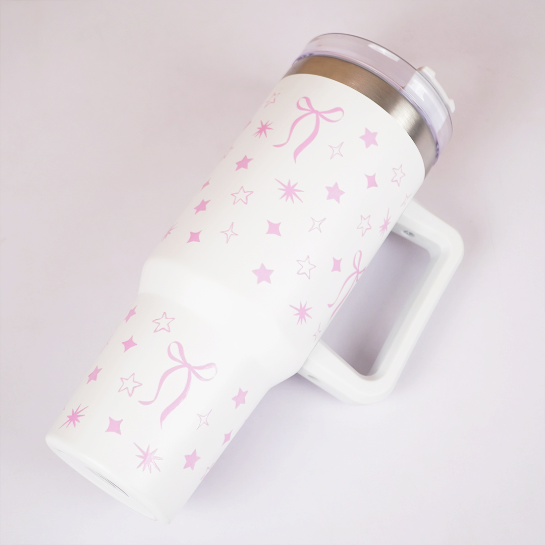 Cute Star Print Stainless Steel Tumbler with Handle | Double Wall Insulated Travel Mug with Straw