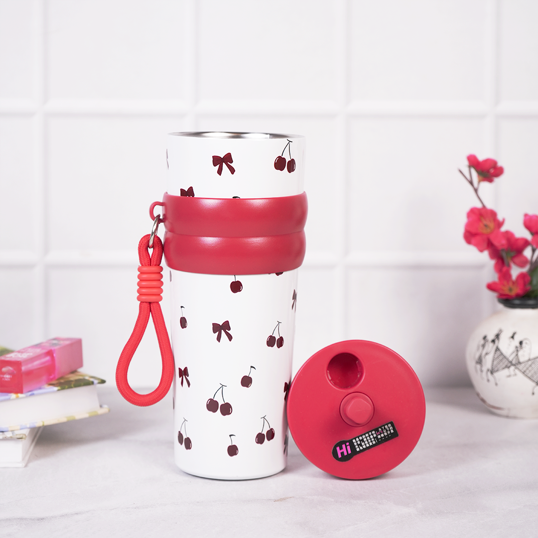 Cherry Print Stainless Steel Insulated Tumbler with Straw & Carry Loop