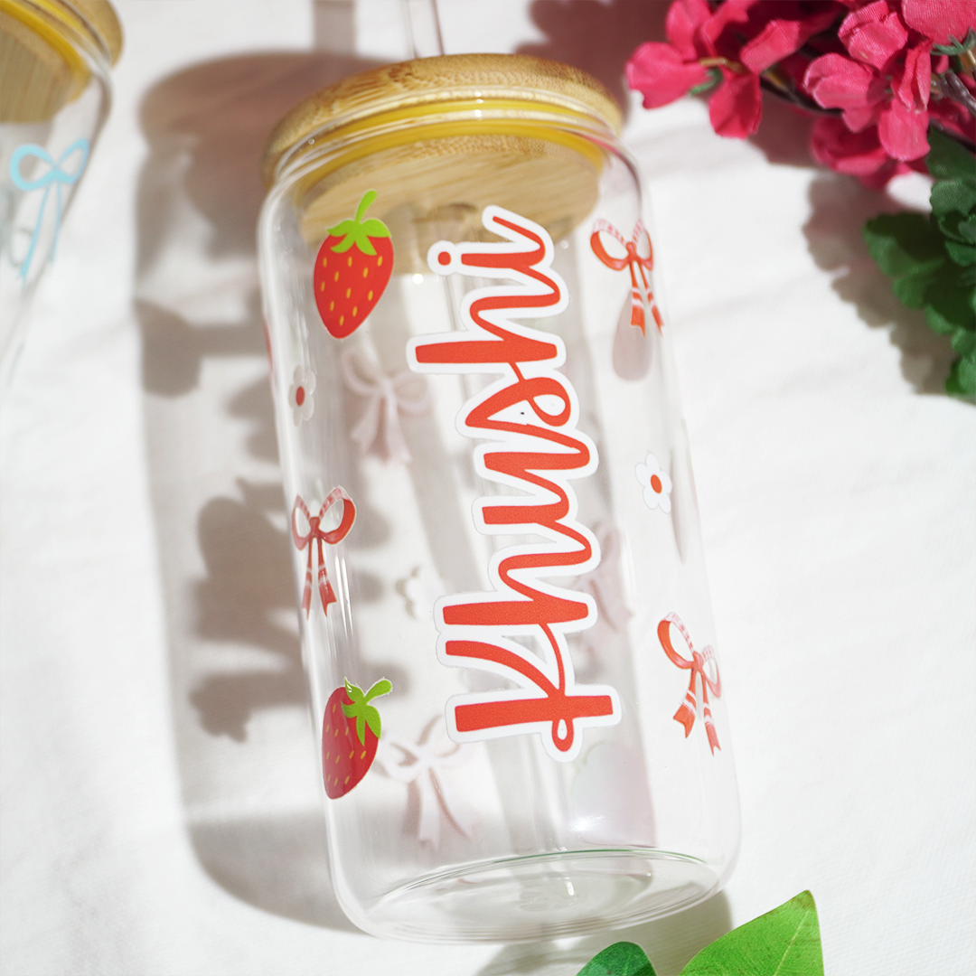 Personalized Strawberry Glass Tumbler with Bamboo Lid & Straw