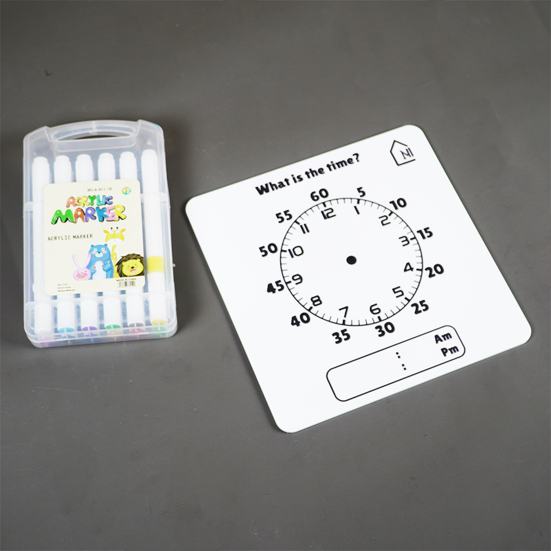 Reusable Kids Time Learning Board with Pen Box & Cleaning Cloth