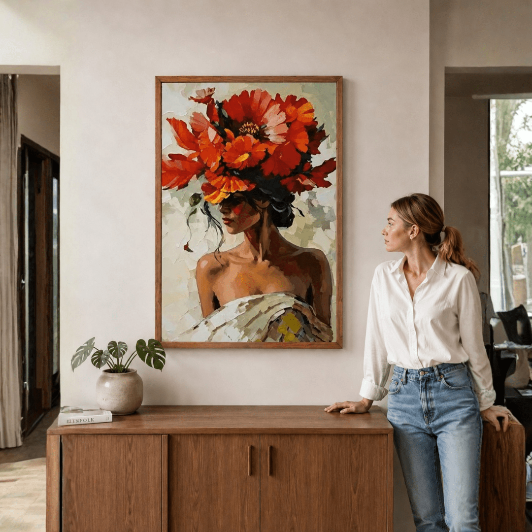 Elegant Woman with Floral Hat Canvas Wall Art - Memories InsiteWOMEN WITH FLORAL HAT FRAME -DARK WOOD