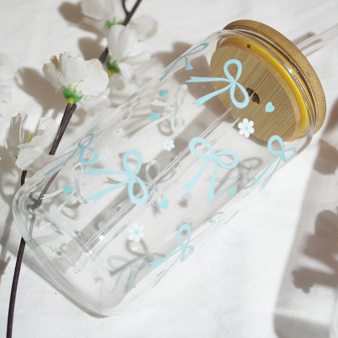 Cute Bow Print Glass Tumbler with Bamboo Lid & Straw